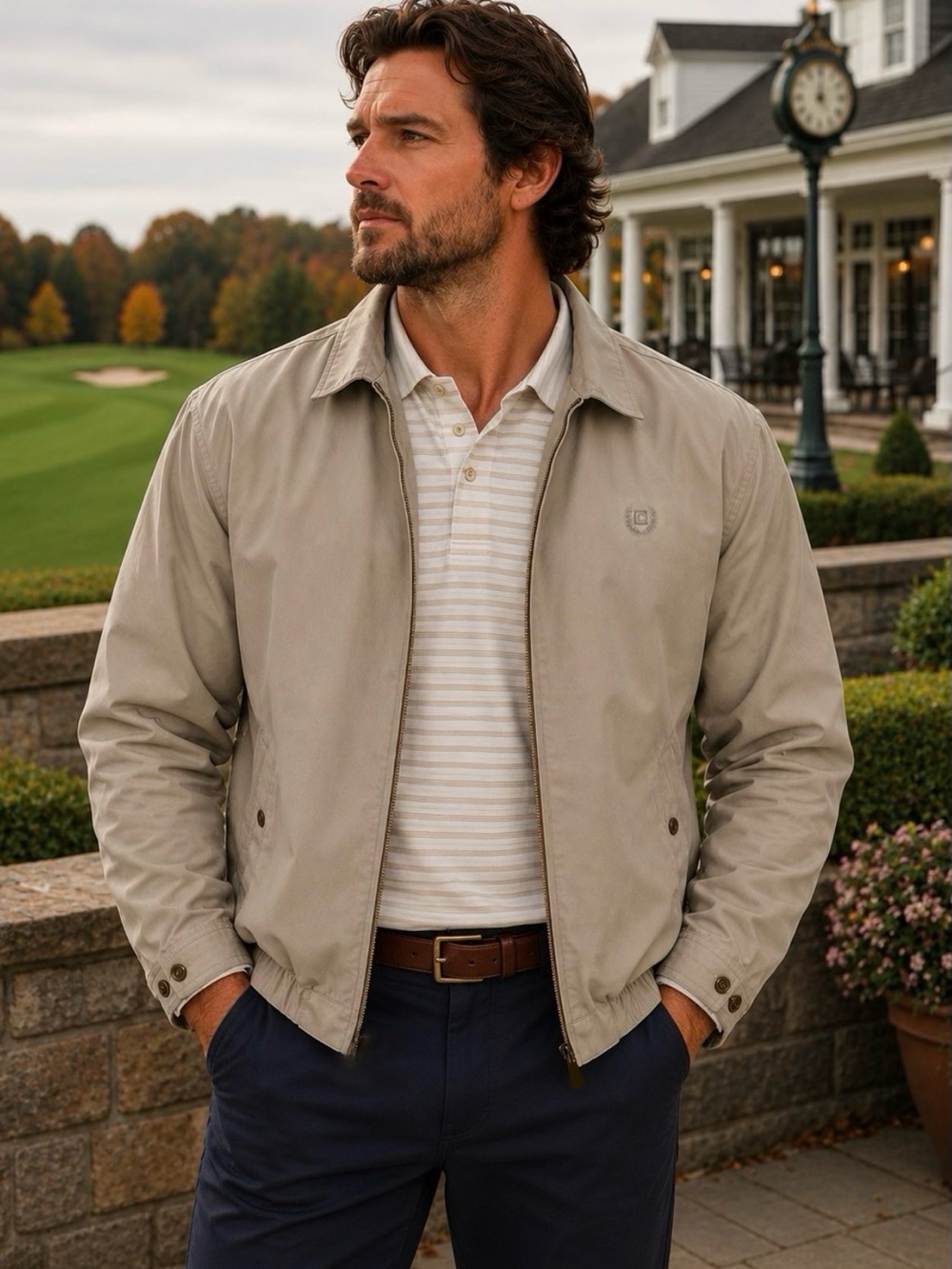 Chaps Men’s Windbreaker Jacket XL Beige Full Zip Plaid Lined Classic Preppy